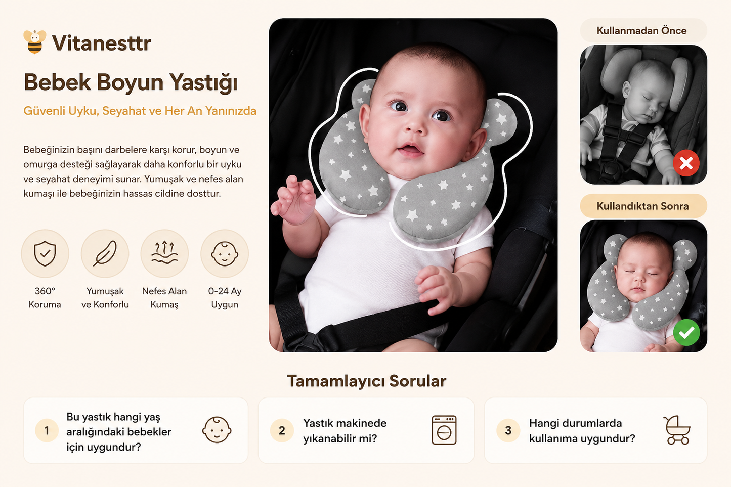 Bebek Boyun Destek Yastığı | 360° Konforlu Seyahat Yastığı (0-24 Ay)