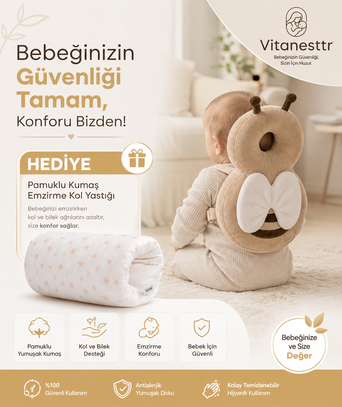 Premium Pamuklu Emzirme Kol Yastığı (Hediye)