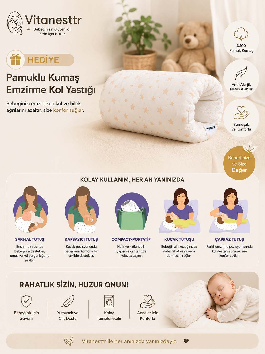 Premium Pamuklu Emzirme Kol Yastığı (Hediye)