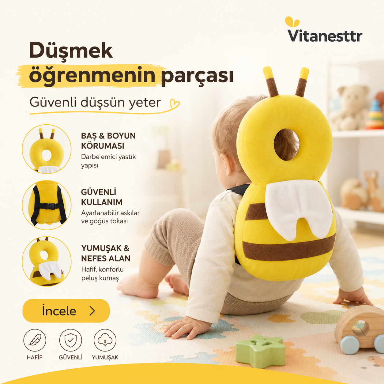 Bebek Kafa Koruyucu Sırt Yastığı | İlk Adımlarda Güvenli Koruma