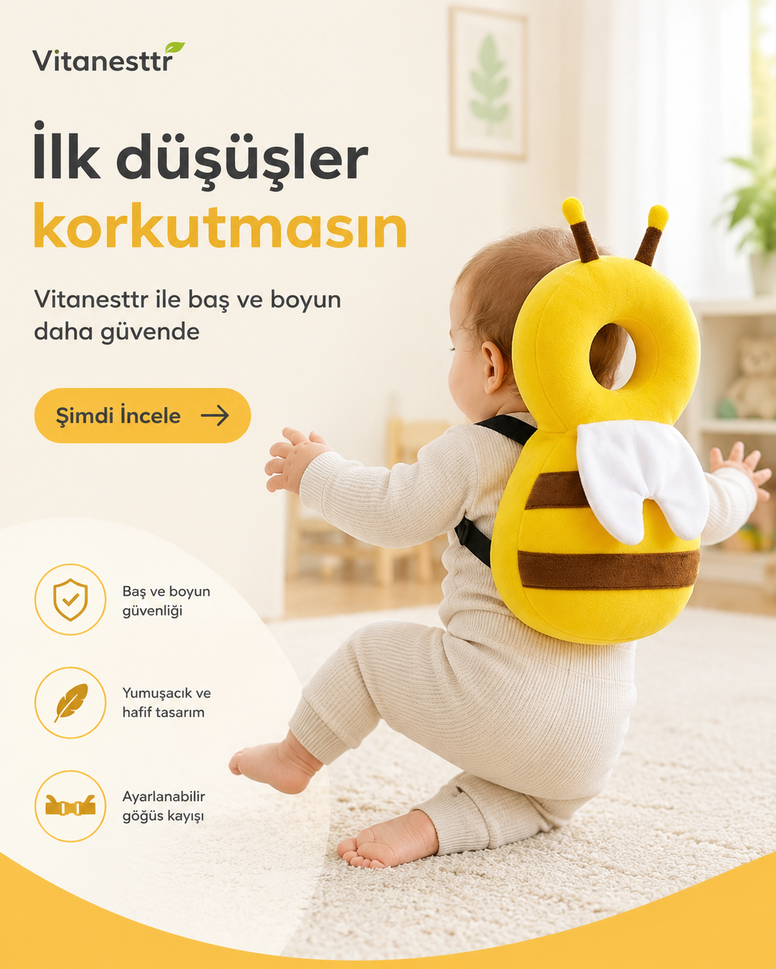 Bebek Kafa Koruyucu Sırt Yastığı | İlk Adımlarda Güvenli Koruma