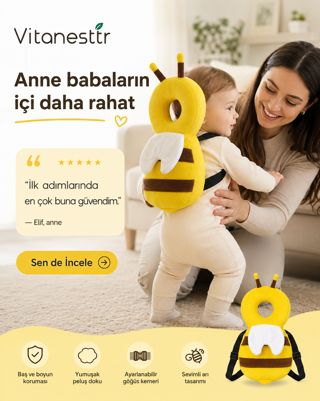 Bebek Kafa Koruyucu Sırt Yastığı | İlk Adımlarda Güvenli Koruma