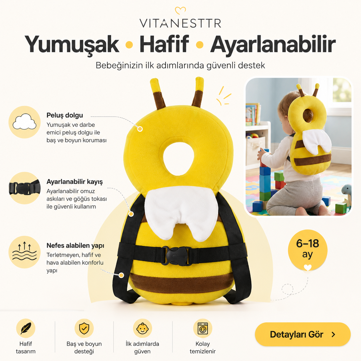 Bebek Kafa Koruyucu Sırt Yastığı | İlk Adımlarda Güvenli Koruma