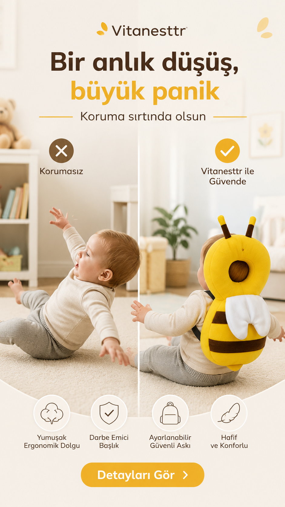 Bebek Kafa Koruyucu Sırt Yastığı | İlk Adımlarda Güvenli Koruma