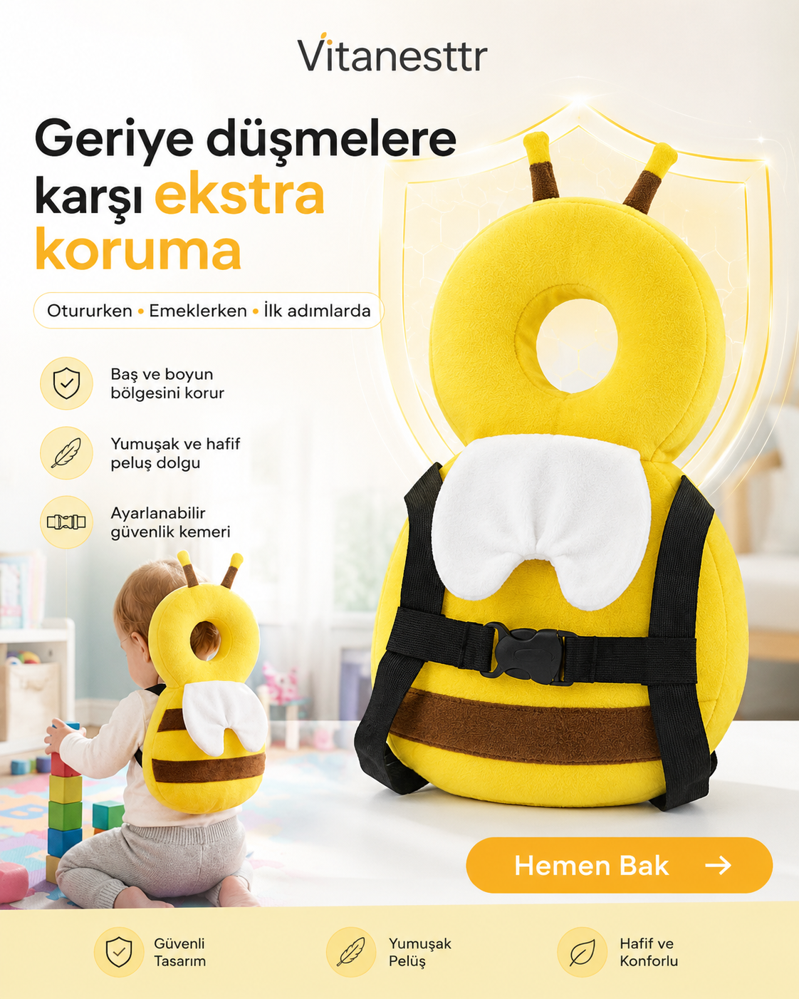 Bebek Kafa Koruyucu Sırt Yastığı | İlk Adımlarda Güvenli Koruma